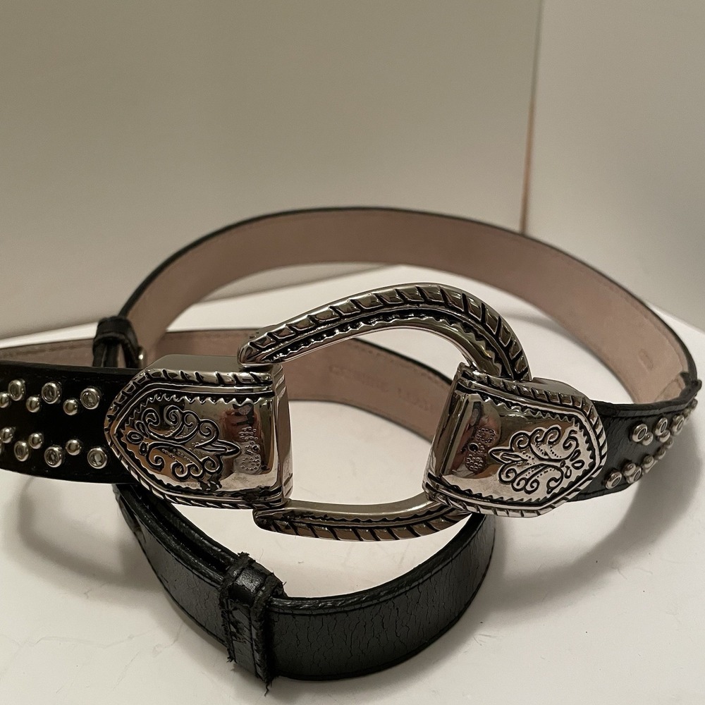 Chico's Black Leather Western Statement Belt Silver Ornate Hook Buckle Size M/L